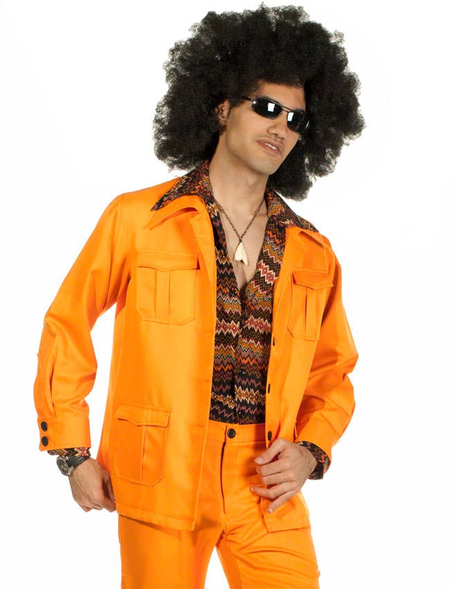 70s Disco Mens Orange Leisure Suit - Close Image