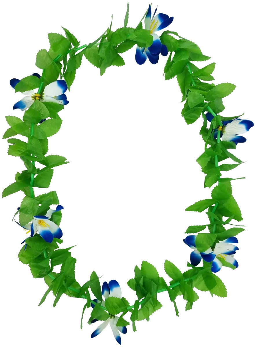 Image of Hawaiian Blue Flower Costume Lei with Green Leaves