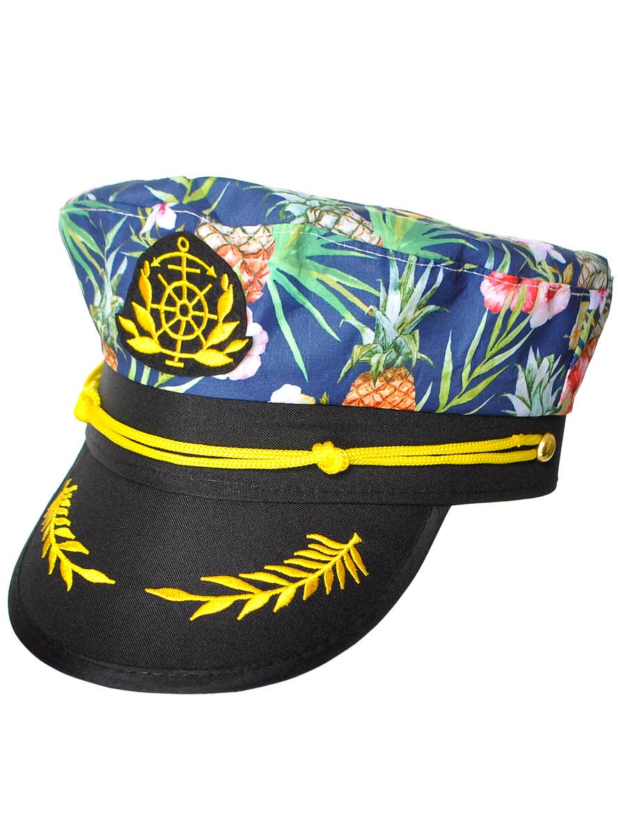 Image of Tropical Pineapple Hawaiian Print Navy Captain Costume Hat - Main Image