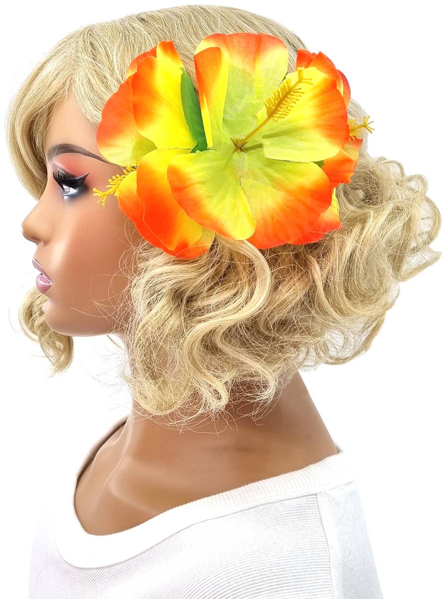 Image of Hawaiian Yellow and Orange Hibiscus Flower Hair Clip Accessory - Alternate Image