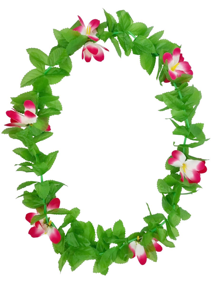 Image of Hawaiian Pink Flower Costume Lei with Green Leaves