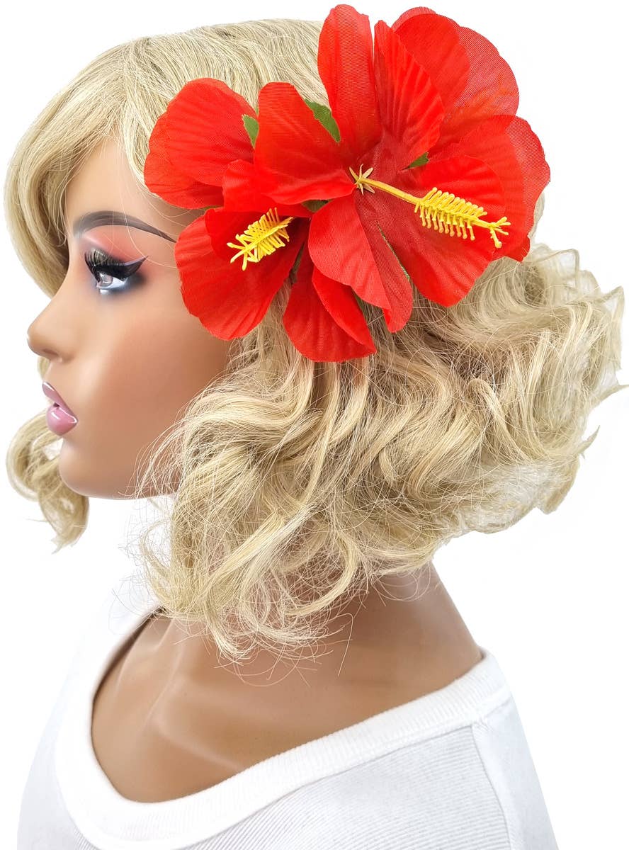 Image of Hawaiian Red Hibiscus Flower Hair Clip Costume Accessory - Alternate Image