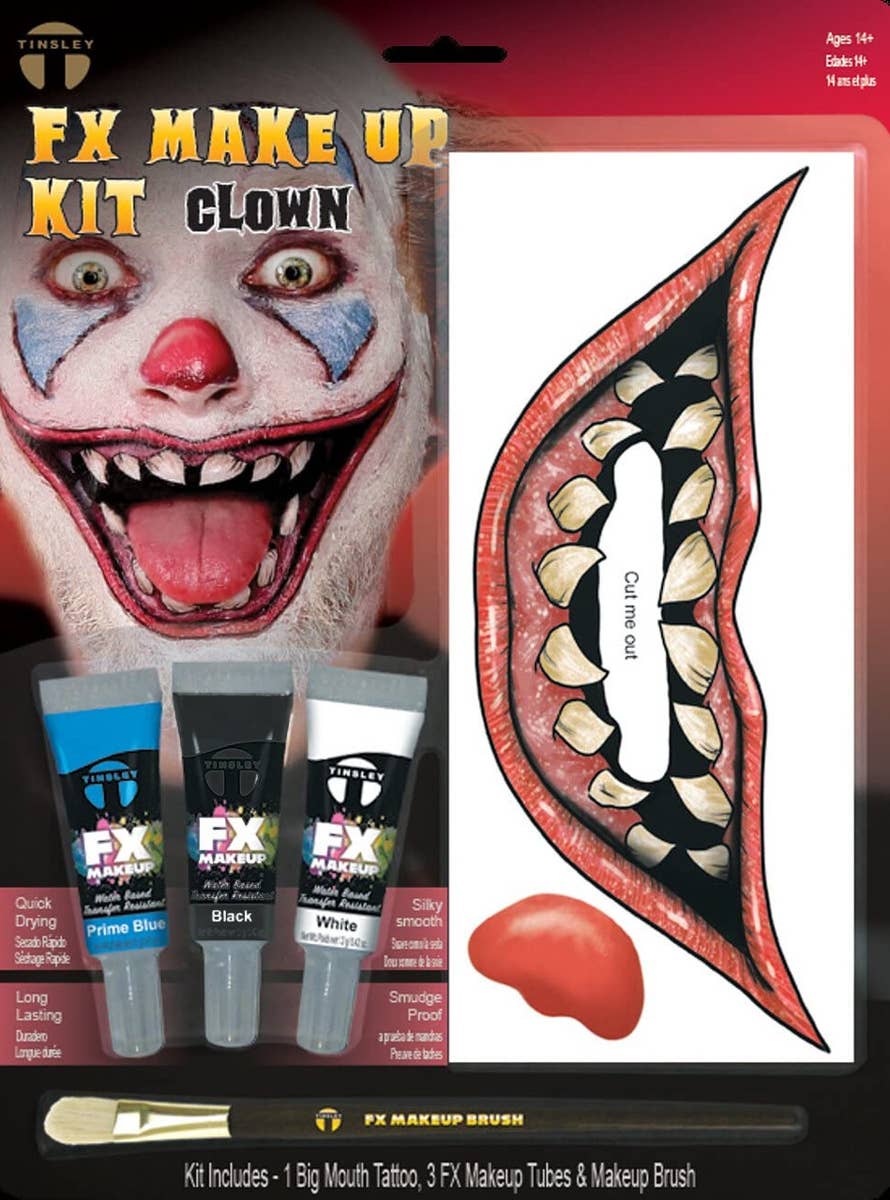 Evil Clown Mouth Tattoo, Makeup Brush and Face Paint Special FX Set