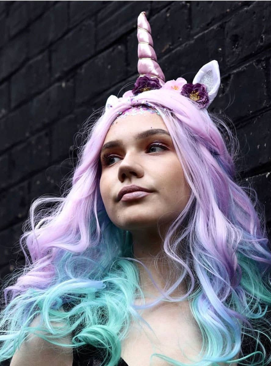 Heat Resistant Wavy Ombre Pastel Rainbow Costume Wig for Women Lifestyle Image