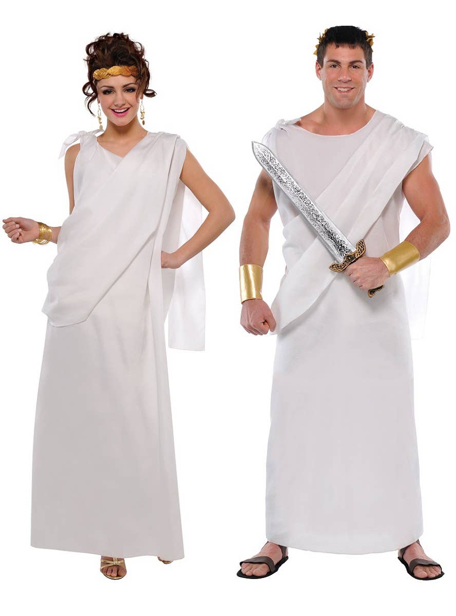 Man and Woman Wearing a Unisex White Roman Toga Costume