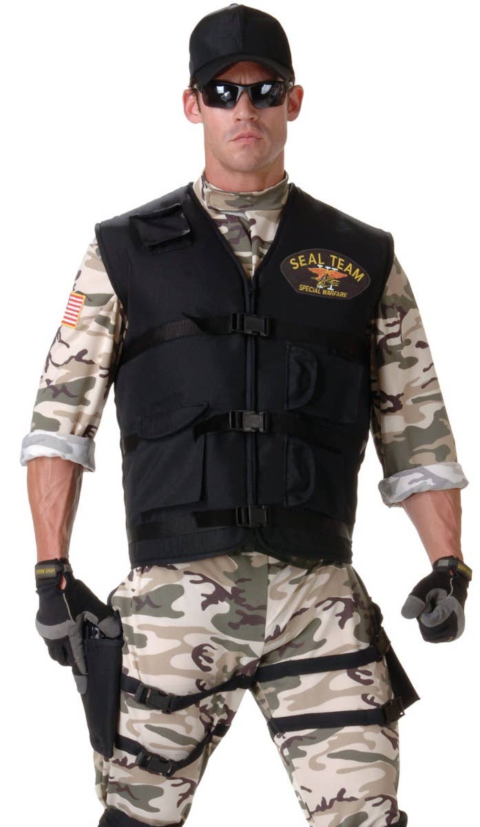 Men's Navy Seal Team Special Forces Camouflage Fancy Dress Costume With Vest And Holters Close Up Image