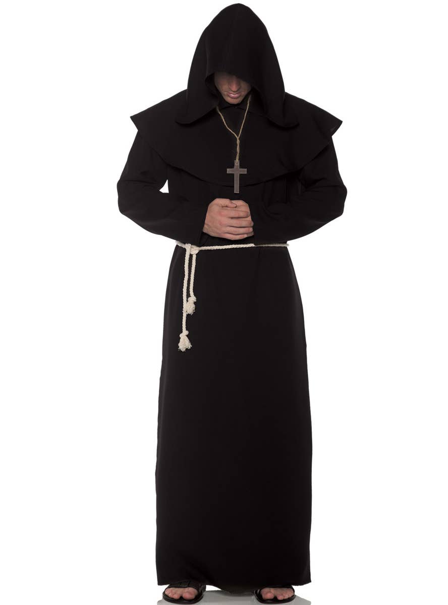 Mens Black Hooded Robe Fancy Dress Costume - Main Image