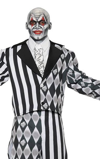 Men's Black and White Jester Tuxedo Halloween Costume Close Up Image