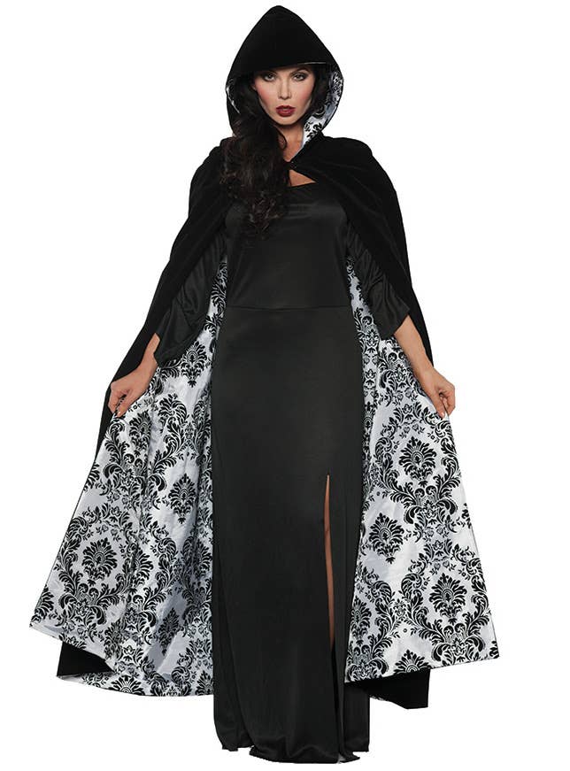 Black Velvet and White Satin Flocked Costume Cape