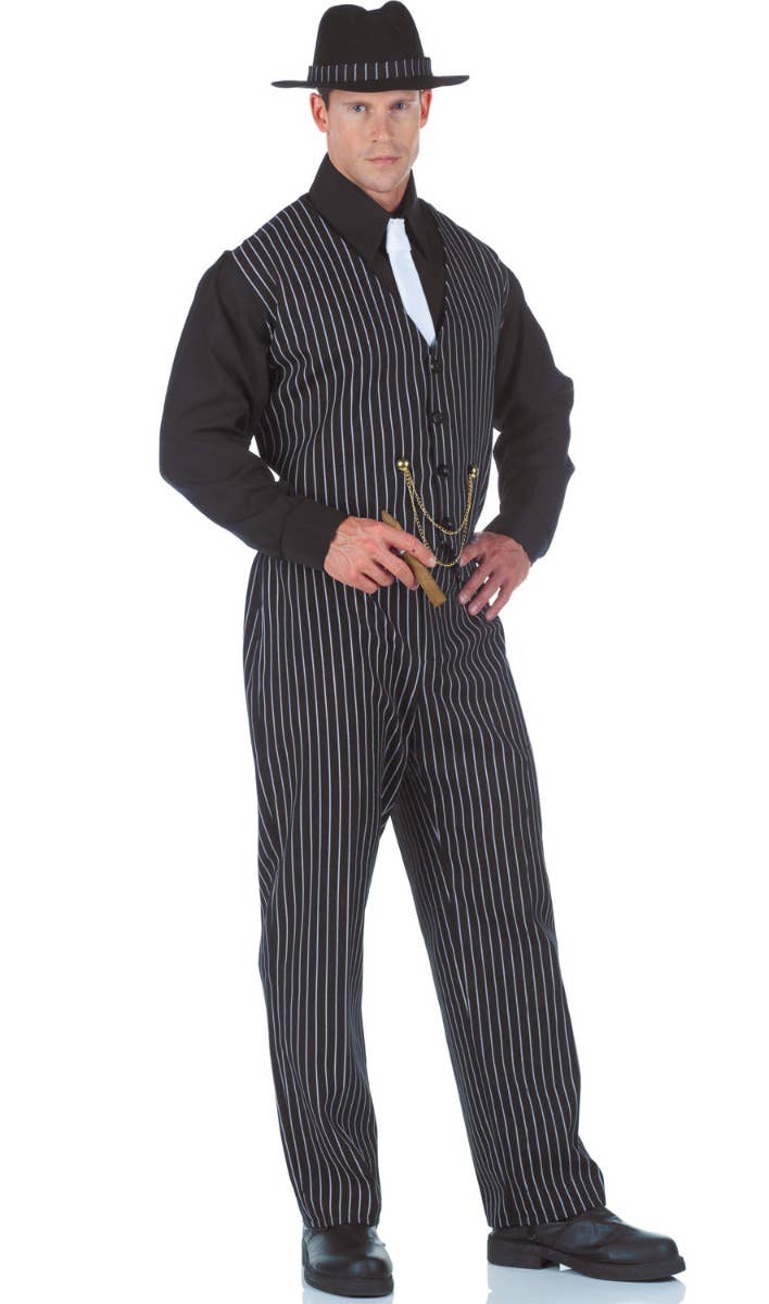 Black Pinstripe Mobster Boss Men's 1920's Gangster Costume Main Image