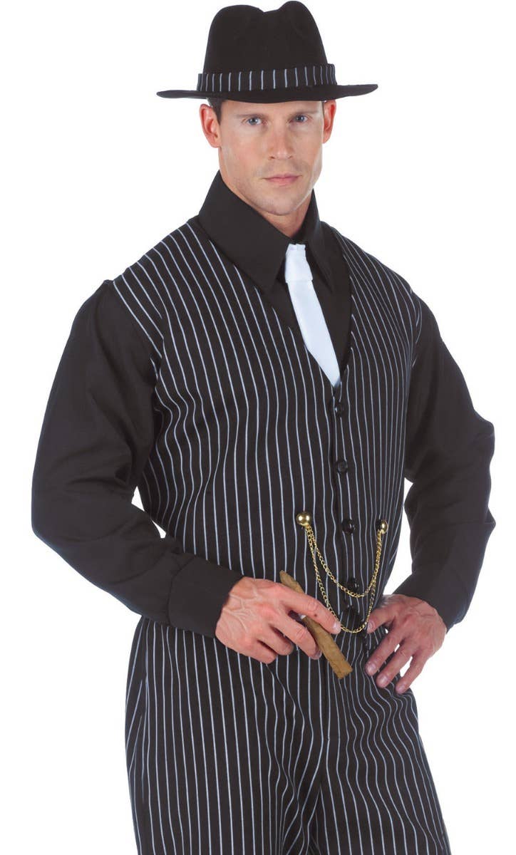 Black Pinstripe Mobster Boss Men's 1920's Gangster Costume Close Image