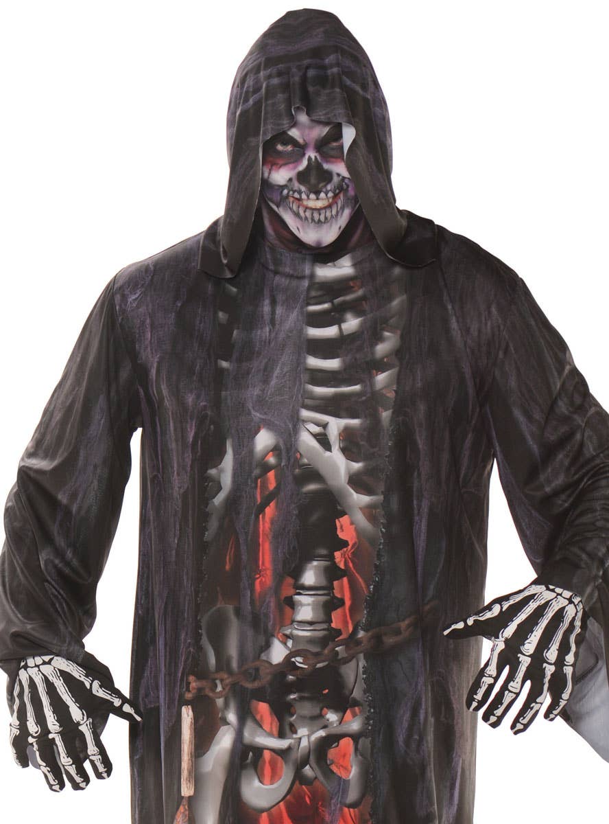 Mens Grim Reaper Photo Real Printed Halloween Costume - Close Up Image