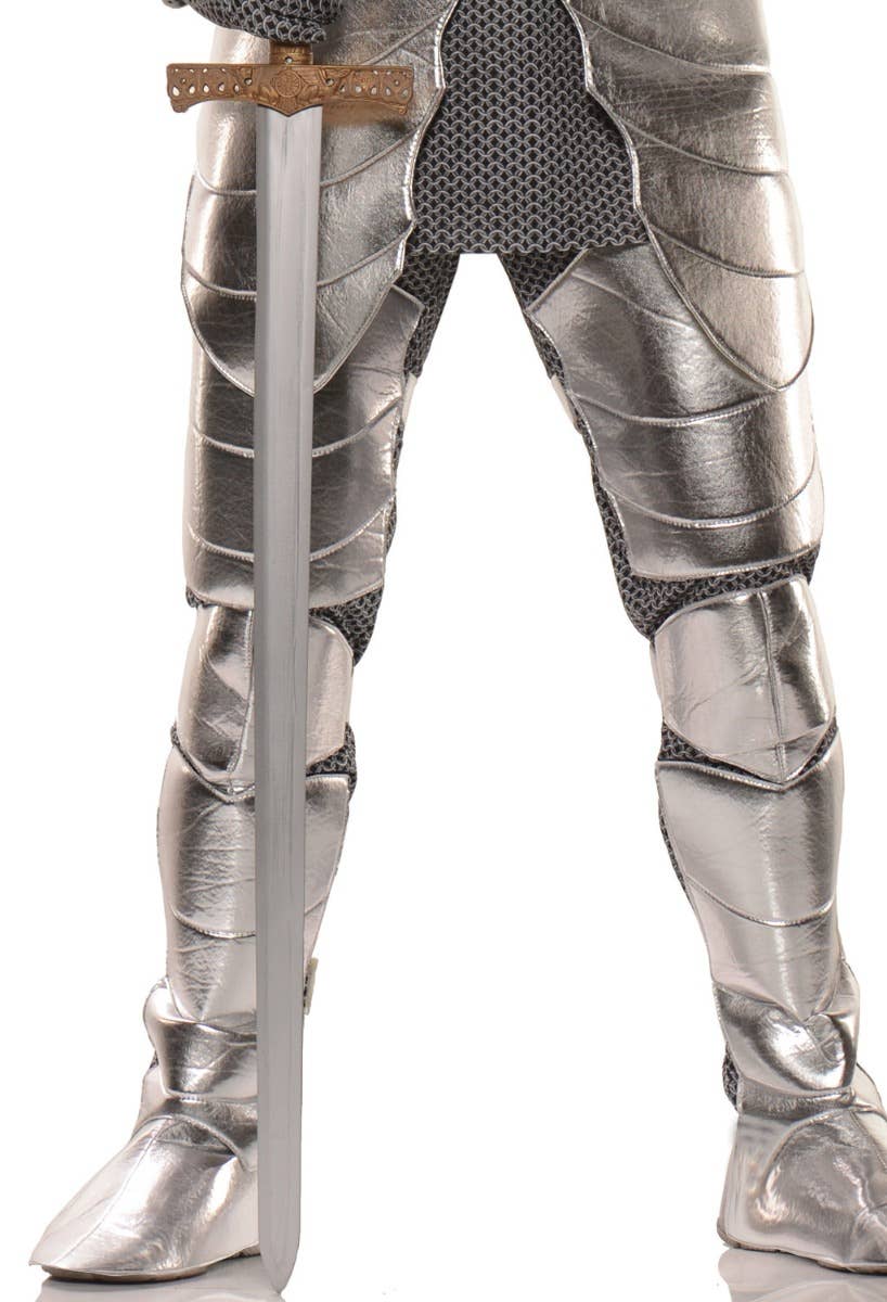 Men's Metallic Silver Knight In Shining Armour Medieval Fancy Dress Costume By Underwraps Close Up Image Pants