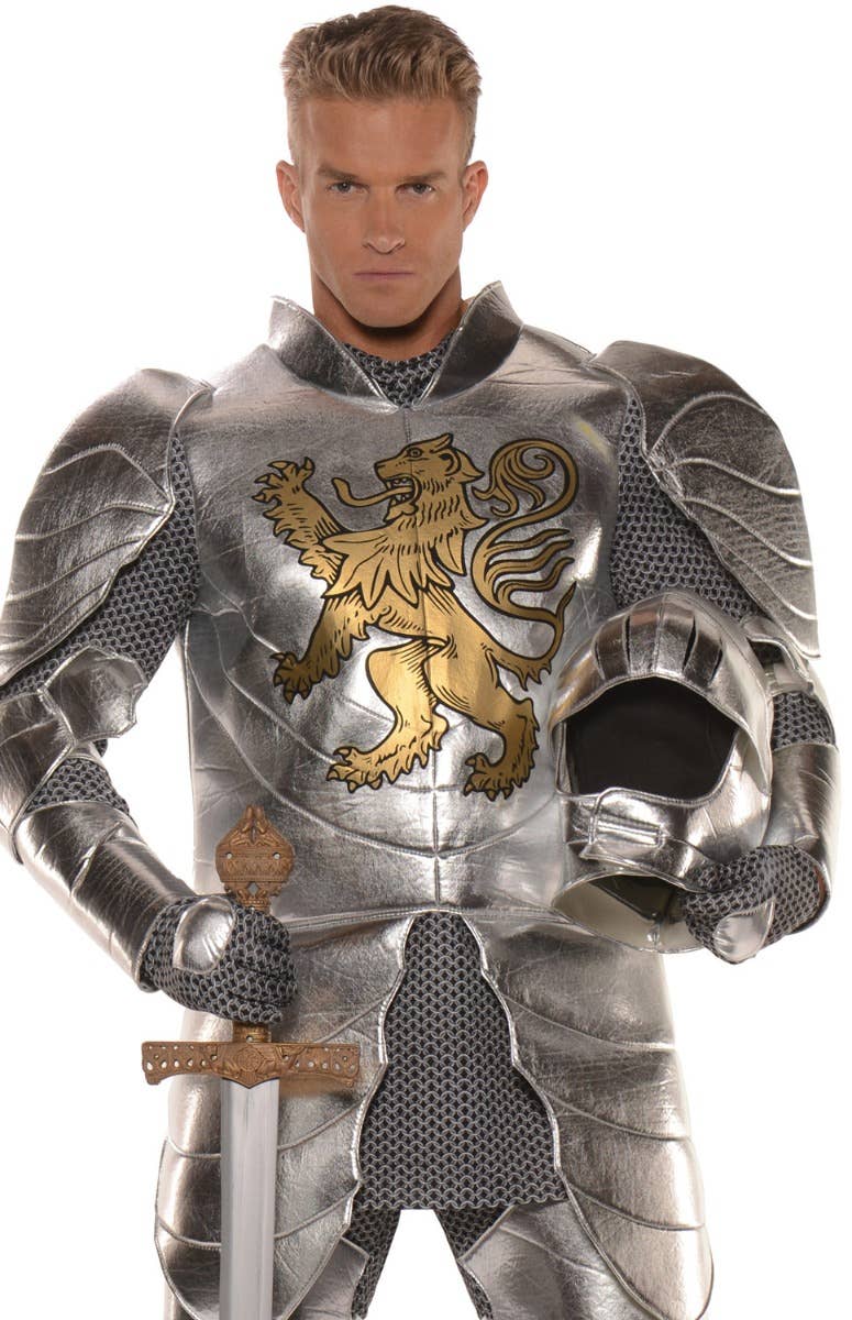 Men's Metallic Silver Knight In Shining Armour Medieval Fancy Dress Costume By Underwraps Close Up Image Tunic