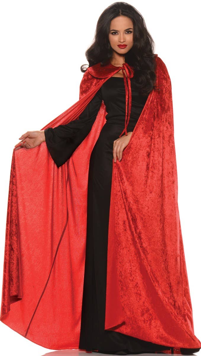 Long Red Velvet Adults Halloween Costume Cape with Collar - Alt Image