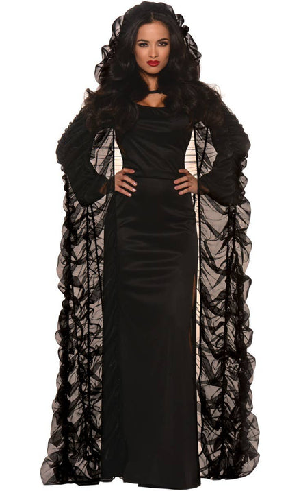 Ruched Black Tulle Women's Halloween Hooded Coffin Cape - Main Image