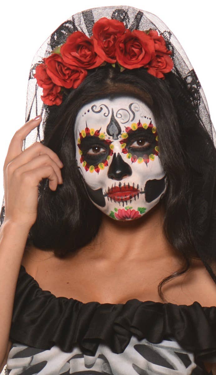 Women's Mexican Day of the Dead Flower Headband with Attached Veil Alternative Image