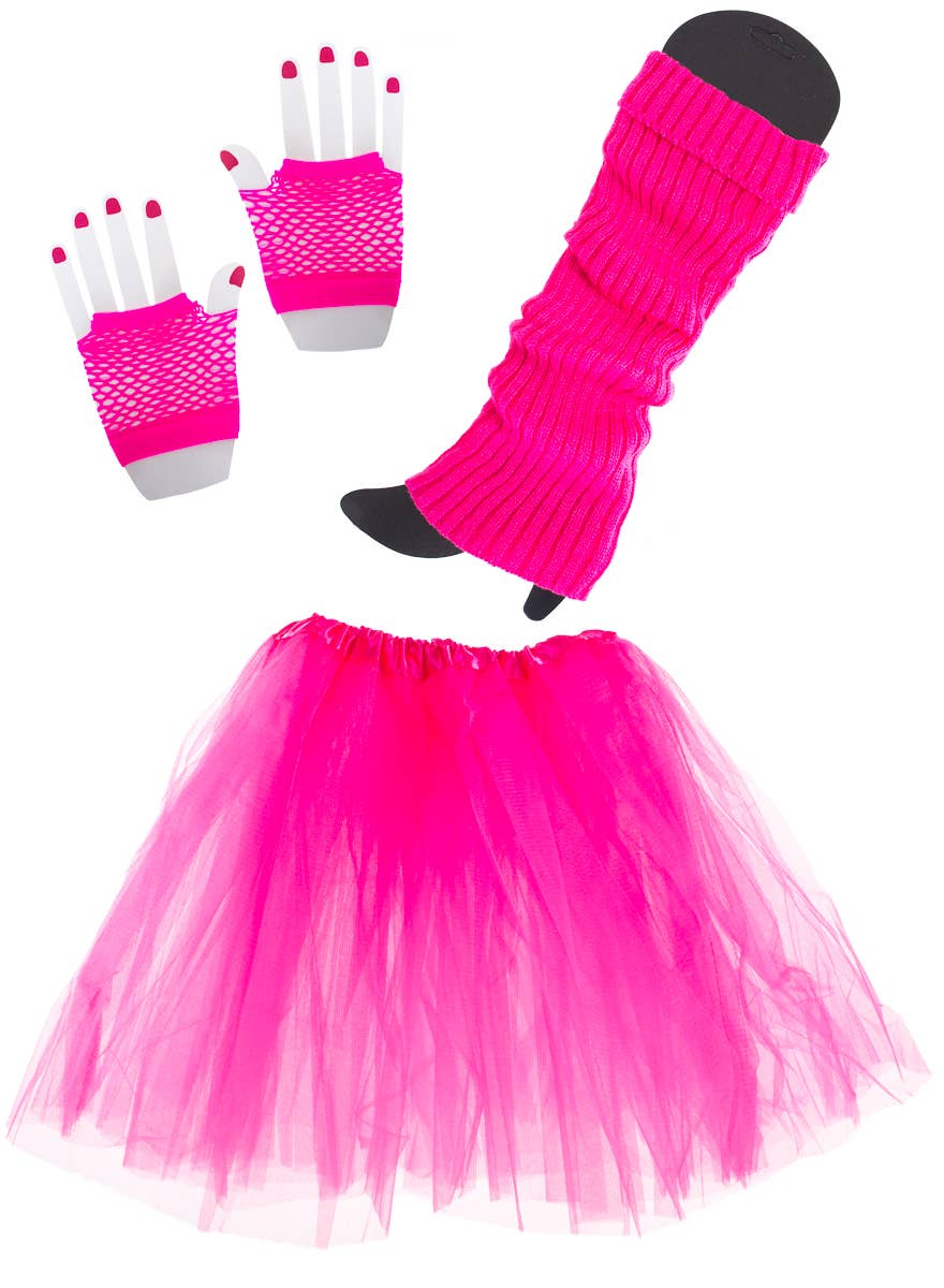 80s Fashion Women's Hot Pink Tutu Leg Warmes and Gloves Accessory Set
