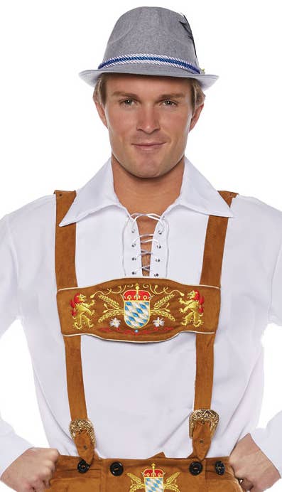 Men's Deluxe Plus Size Light Brown Lederhosen Oktoberfest Costume Close Up Image