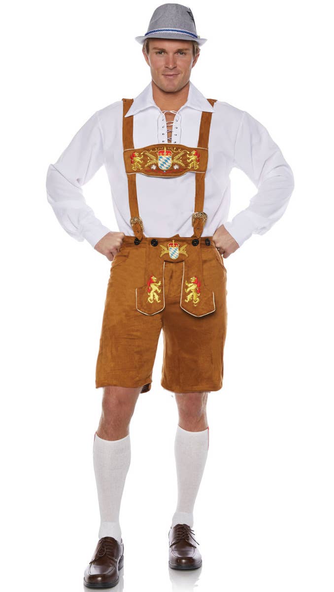 Men's Deluxe Plus Size Light Brown Lederhosen Oktoberfest Costume Main Image