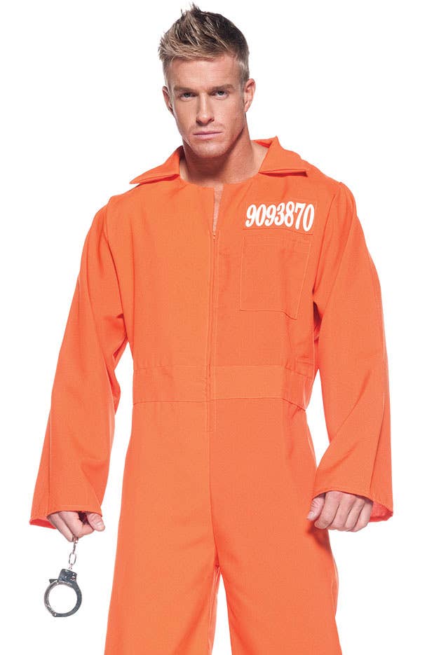 Men's Orange Prisoner Jumpsuit Fancy Dress Costume Close