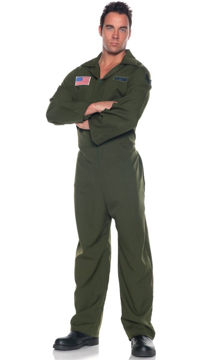 Men's Khaki Green Aviator Fighter Pilot Top Gun Maverick Movie Themed Fancy Dress Costume Jumpsuit Flight suit - Main Image