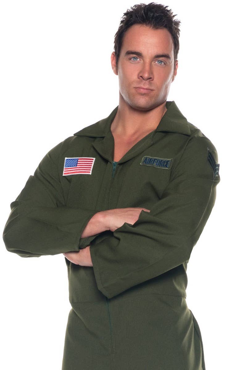 Plus Size Men's Top Gun Maverick Khaki Green Jumpsuit Fancy Dress Costume - Close Up Image