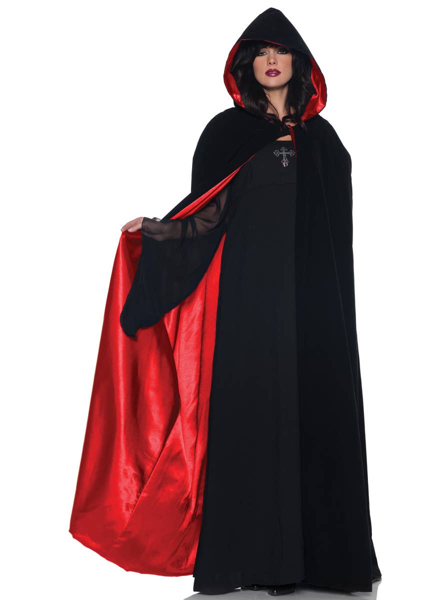 Deluxe Black Velvet Cloak with Red Satin Lining