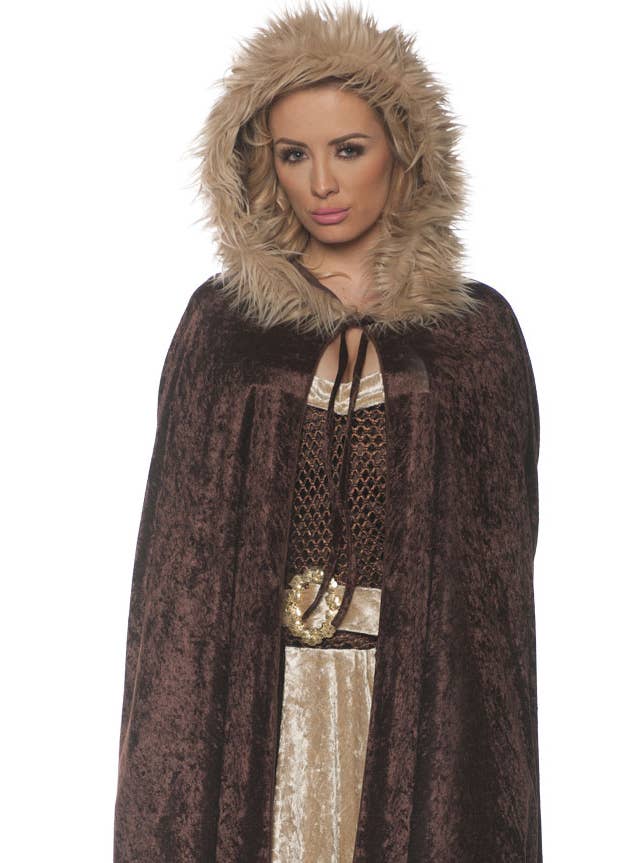 Medieval Brown Velvet Womens Hooded Costume Cape - Close Image