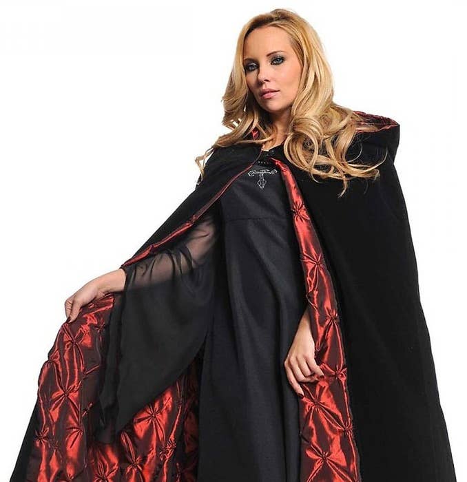 Hooded Black Velvet Costume Cape with Red Taffeta Lining - Alternative View