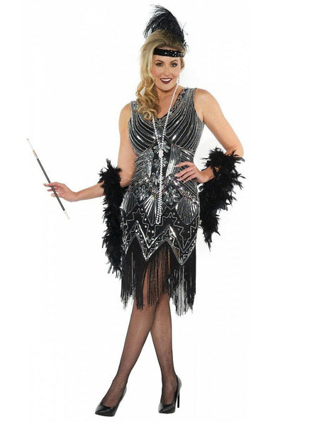 Women's Deluxe Black and Silver Sequinned Great Gatsby Costume 20s Dress