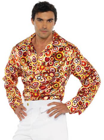 Mens Satin Orange Circle 70s Disco Costume Shirt - Main Image