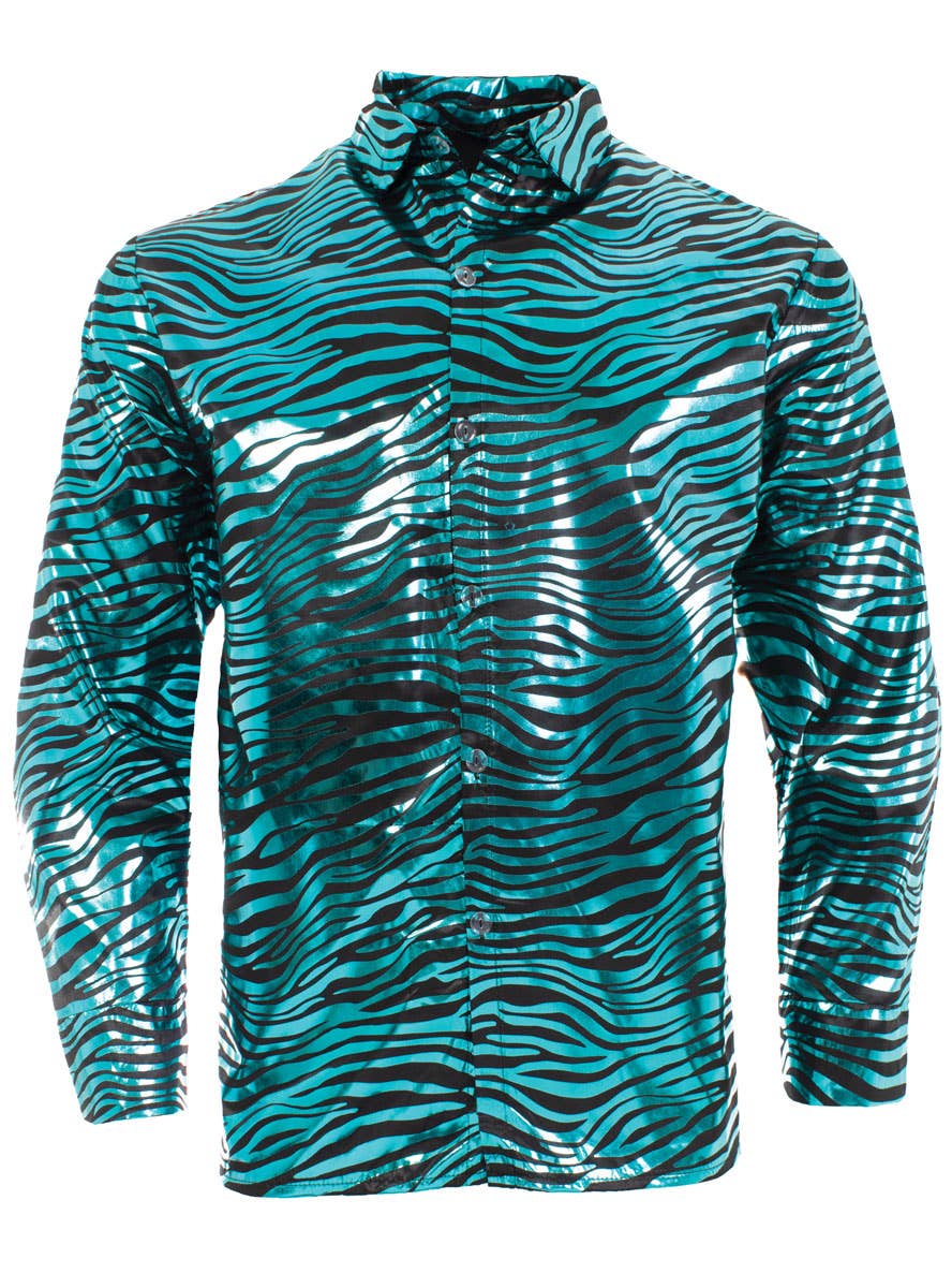 Men's Plus Size Blue Metallic Tiger Print Tiger King Shirt - Alternate Front Image