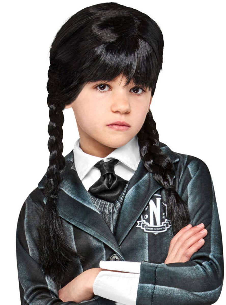Image of Wednesday Addams Girls Black Plaited Costume Wig