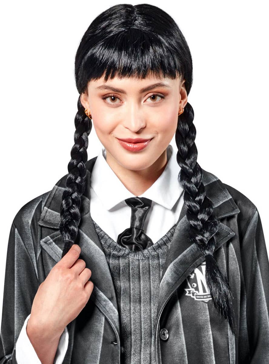 Image of Wednesday Addams Women's Black Plaited Costume Wig