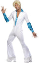 White and Blue 1970s Disco Dancing Mens ABBA Costume  - Main Image