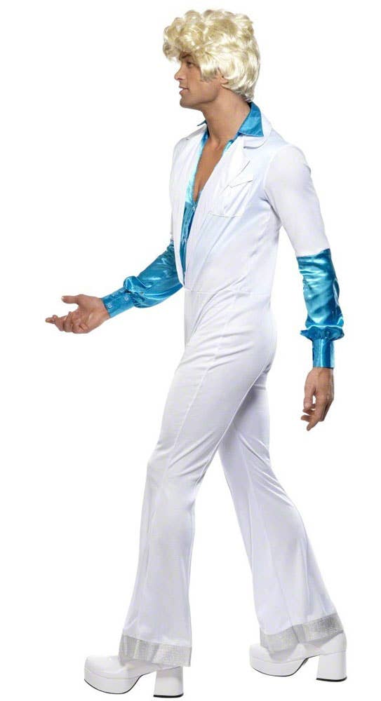 White and Blue 1970s Disco Dancing Mens ABBA Costume  - Side Image