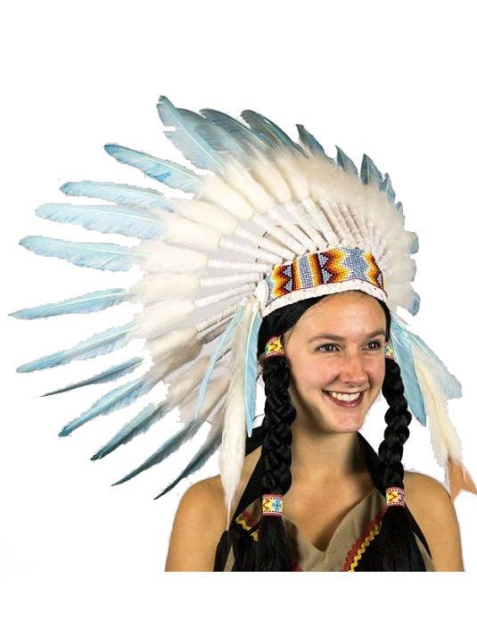 Image of Deluxe Blue and White Feather Native American Chief Headdress - Main Image