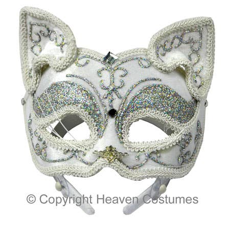 Half Face Silver and White Cat Women's Masquerade Mask on Headband Main Image