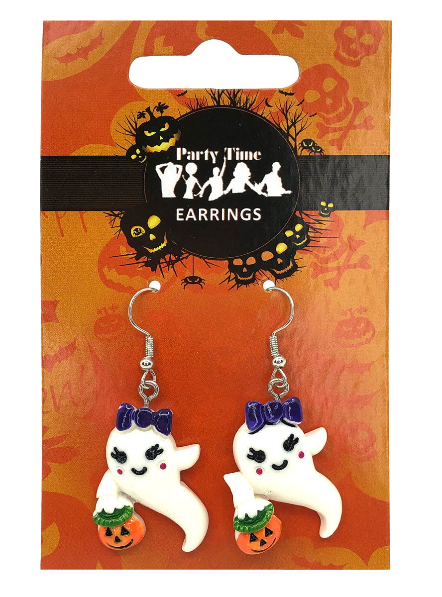 White Ghost Halloween Costume Earrings With Pumpkins - Main Image