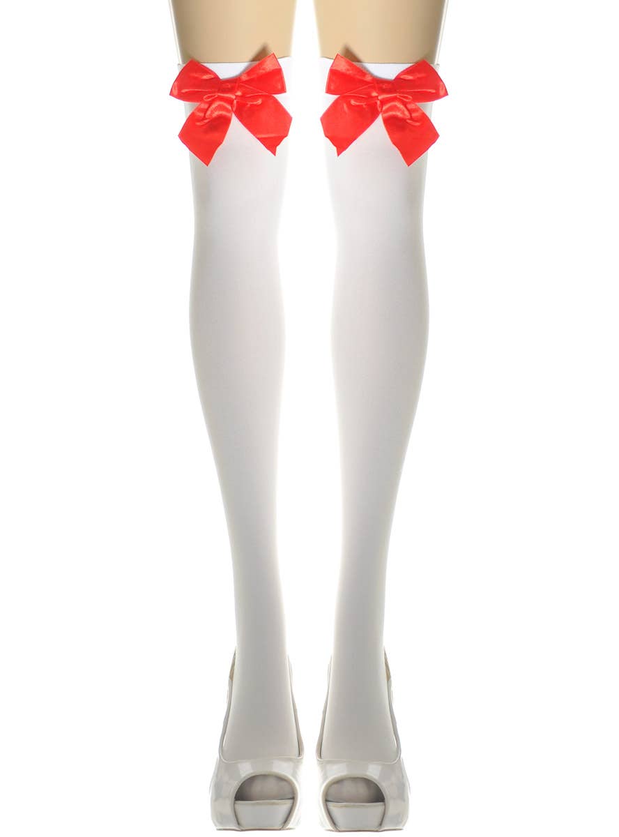 Image of Thigh High White Opaque Stockings with Red Bows