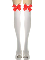 Image of Thigh High White Opaque Stockings with Red Bows