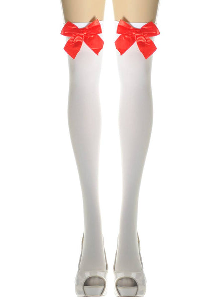 Image of Thigh High White Opaque Stockings with Red Bows