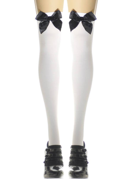 Image of Thigh High White Opaque Stockings with Black Bows