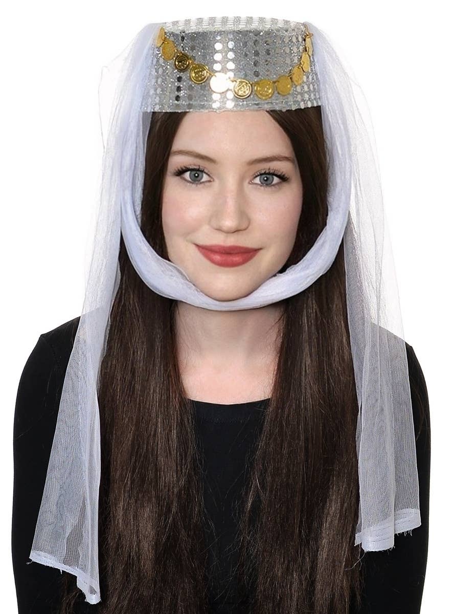 Silver and White Veiled Arabian Harem Women's Pill Box Costume Accessory Hat