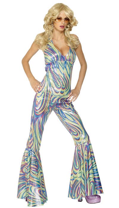 Disco Dancing Queen 70s Metallic Rainbow Swirl Costume Jumpsuit - Alternative Image