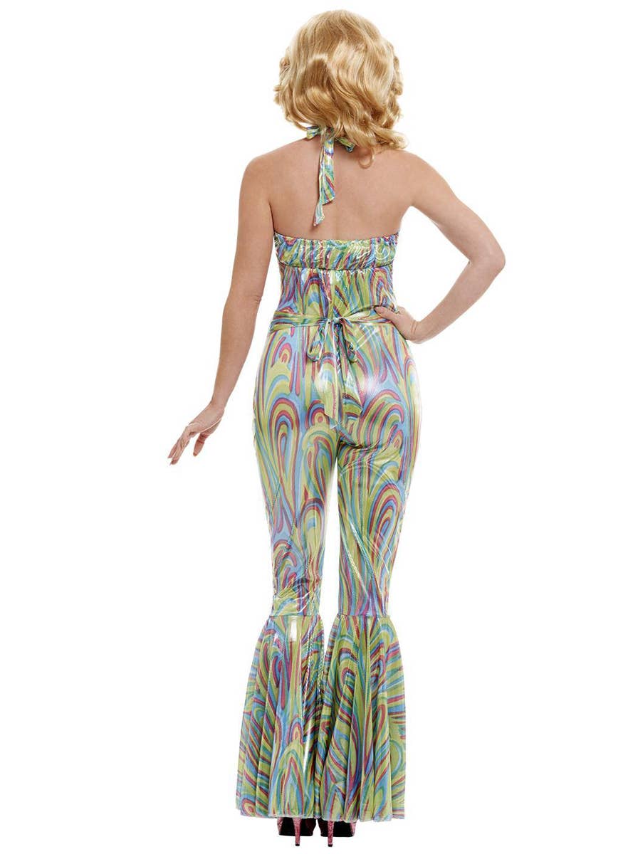 Disco Dancing Queen 70s Metallic Rainbow Swirl Costume Jumpsuit - Back Image