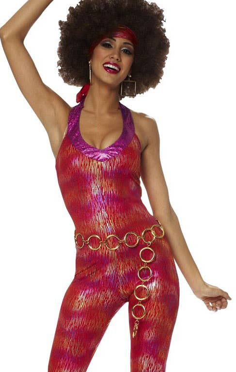 Women's 1970s Purple and Orange Foxy Lady Disco Costume Jumpsuit - Close Image