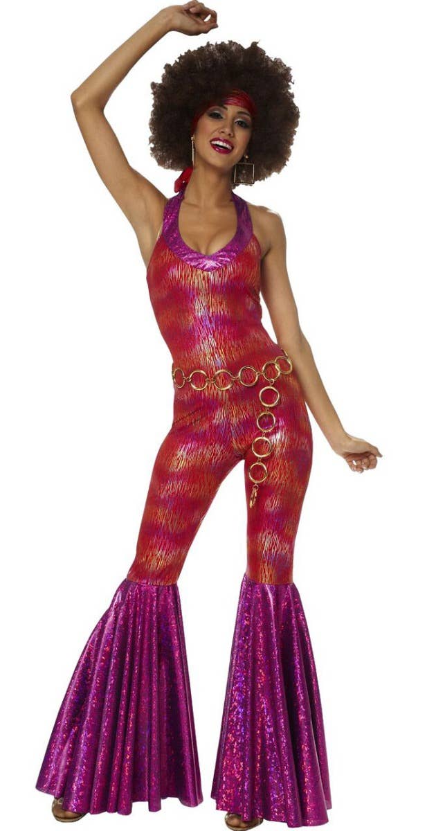 Women's 1970s Purple and Orange Foxy Lady Disco Costume Jumpsuit - Main Image