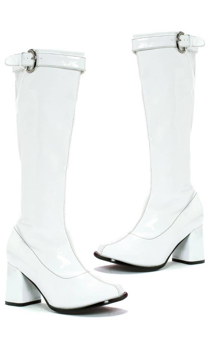 Women's White Vinyl Hippie GoGo Knee High Boots With 3